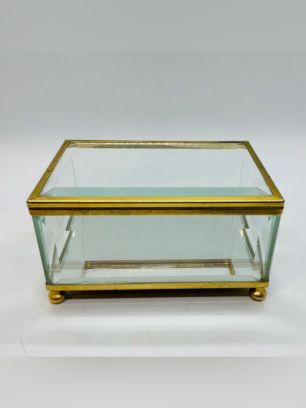 Vintage Hinged Jewelry Box Brass Beveled Glass Mirrored Trinket Jewelry Box